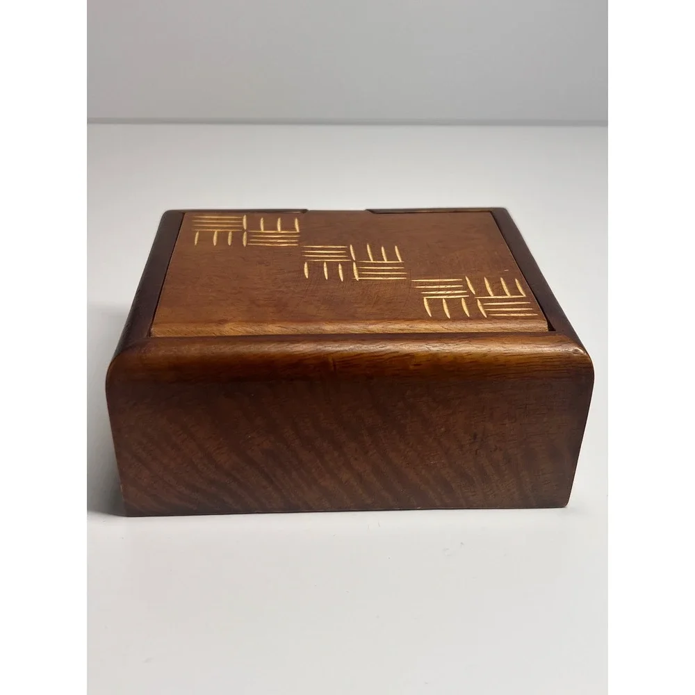 Handmade Mango Wood Trinket Box Etched Geometric Design Black Felt Lining Brown